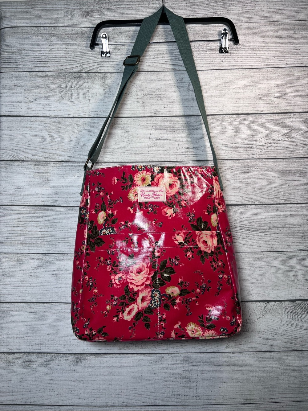 Candy Flowers Red Floral PVC Coated Cotton Crossbody Messenger Bag Cottagecore